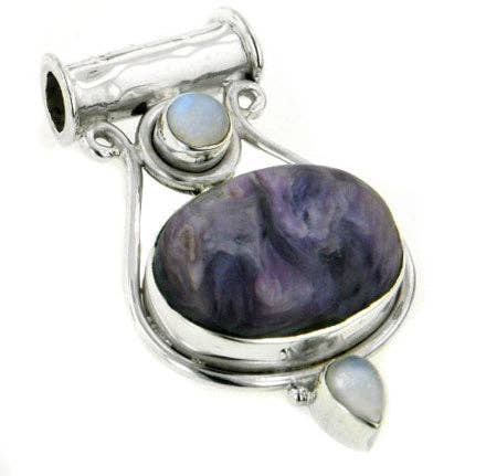 Silver Insanity - Charoite and Rainbow Moonstone 3 Stone Slide Pendant