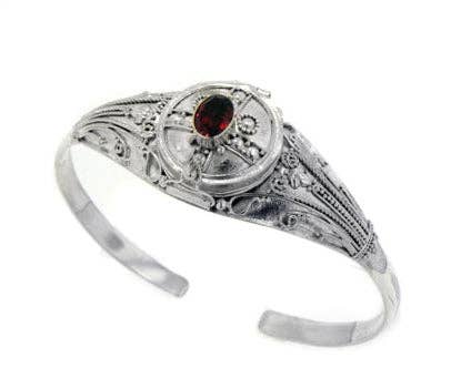 Silver Insanity - Medieval Sterling Silver Garnet Locket Box Poison Cuff Bracelet