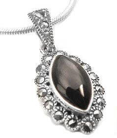 Silver Insanity - Sterling Silver Marcasite and Black Stone Flower Pendant