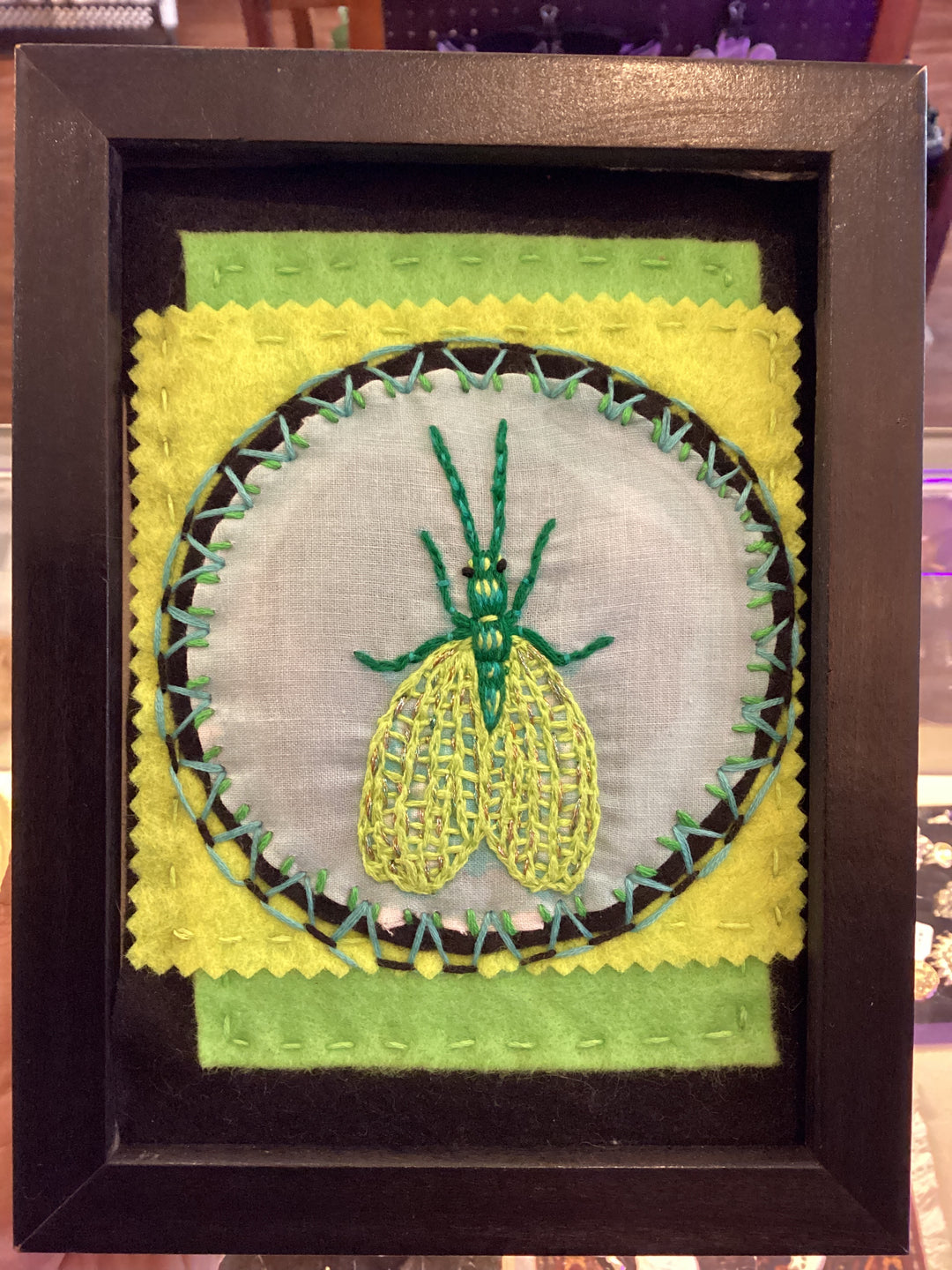Embroidered Green Lace Wing Bug - Framed