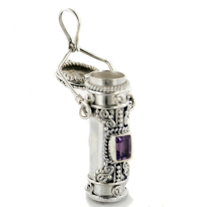 Silver Insanity - Poison Bottle - Tall Sterling Silver Pillbox Urn Pendant: Amethyst