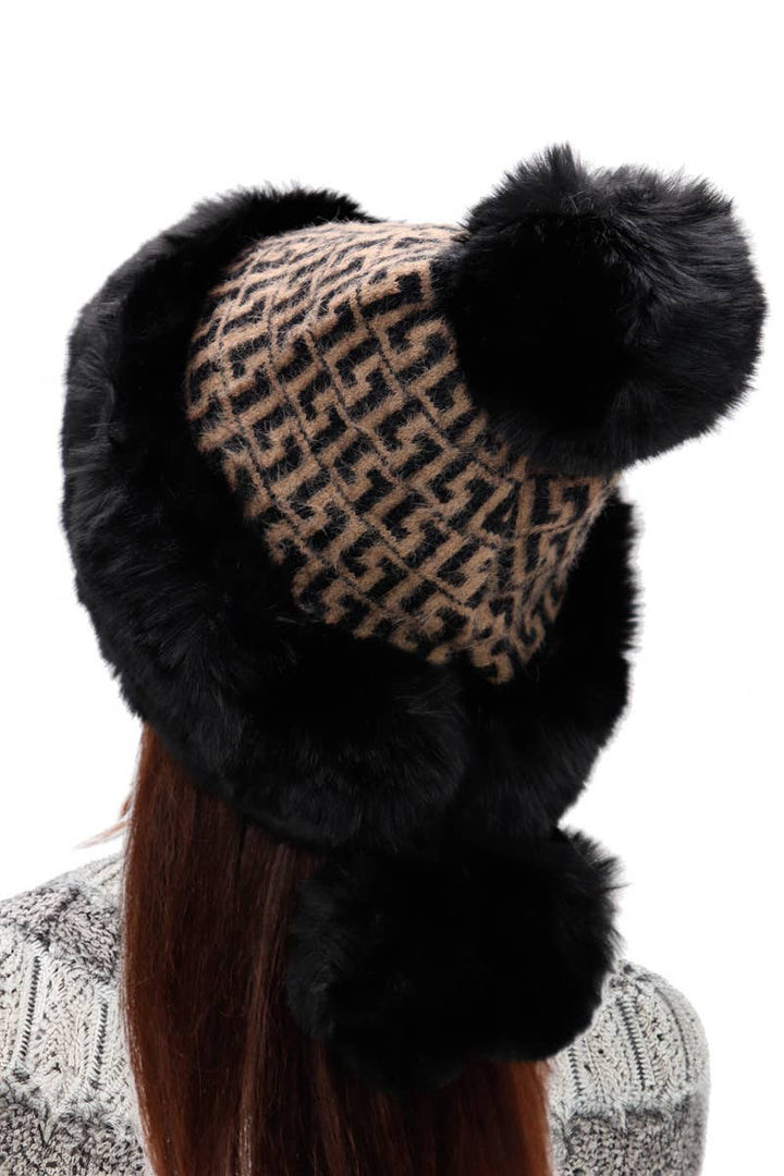 Greek Key Knitted Fluffy Faux Fur Pom Pom Beanie