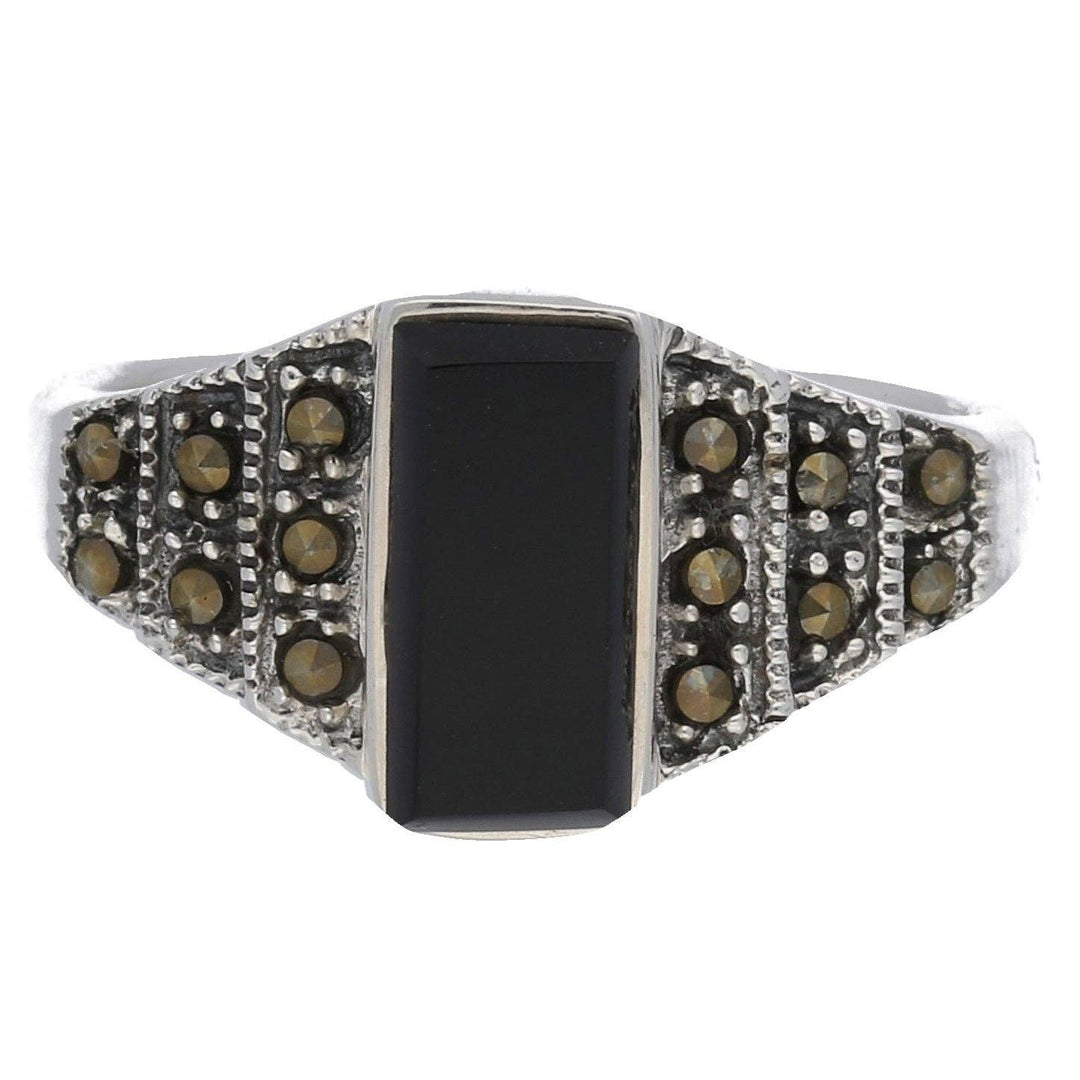 Silver Insanity - Marcasite and Black Onyx Sterling Silver Bar Ring