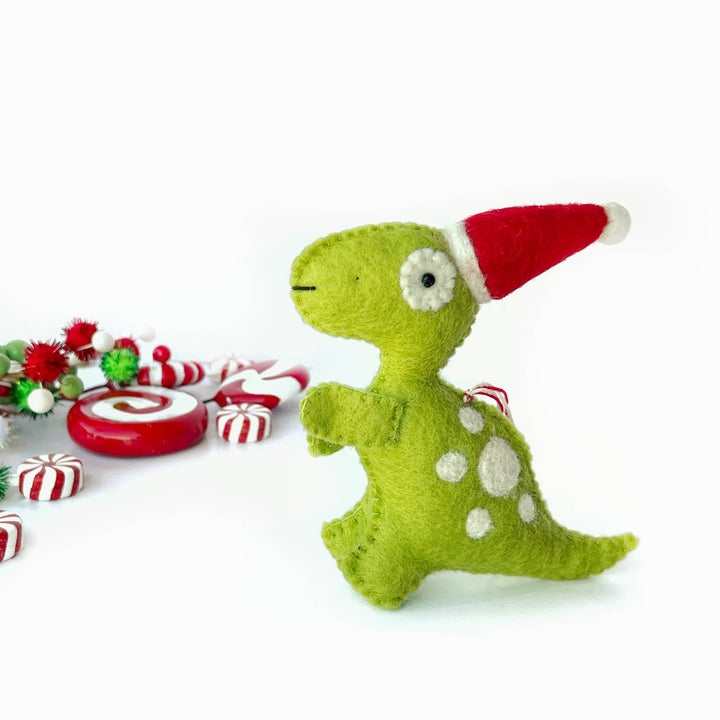 Ornaments 4 Orphans - T-Rex in Santa Hat Felt Wool Dinosaur Ornament