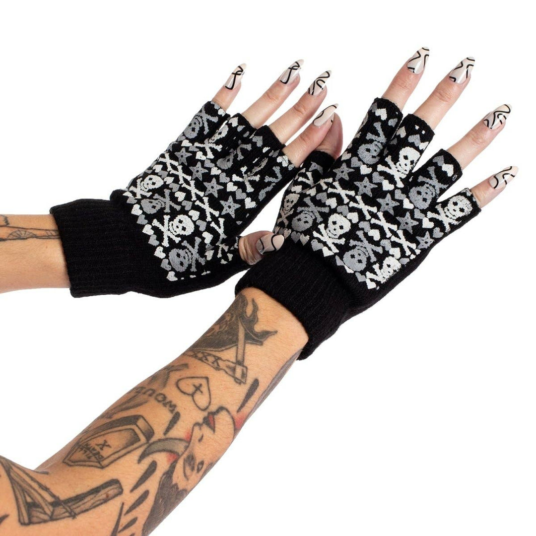 Too Fast - Christmas Skulls Fingerless Knit Gloves: Black/White / OS