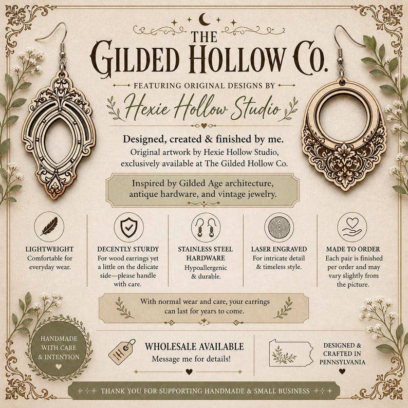 The Gilded Hollow Co. - Goddess Earrings, Celestial Keyhole Wood Dangles, Gilded Relic Series