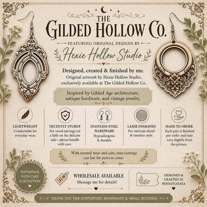 The Gilded Hollow Co. - Angel Earrings, Crescent Moon Earrings, Celestial Earrings, Victorian Angel Jewelry, Engraved Wood Earrings, Gothic Boho Statement Earrings
