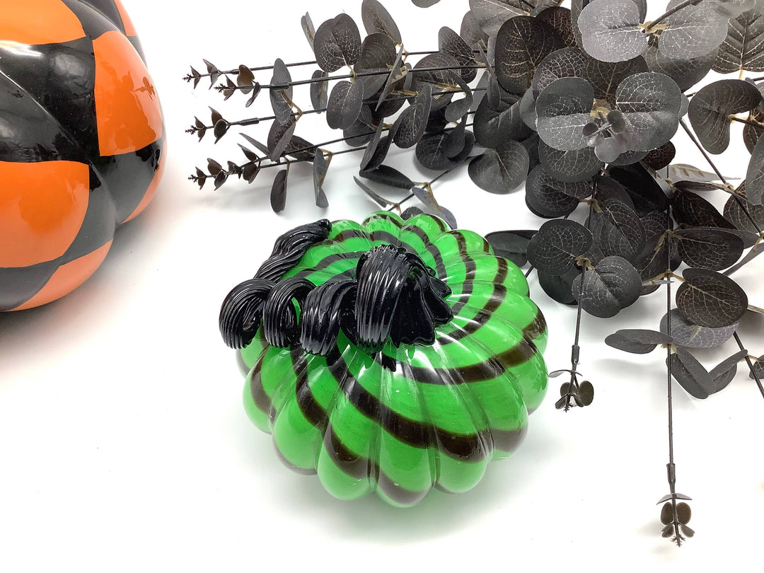 Gothic Green Black Swirl Pumpkin Hand Blown Glass