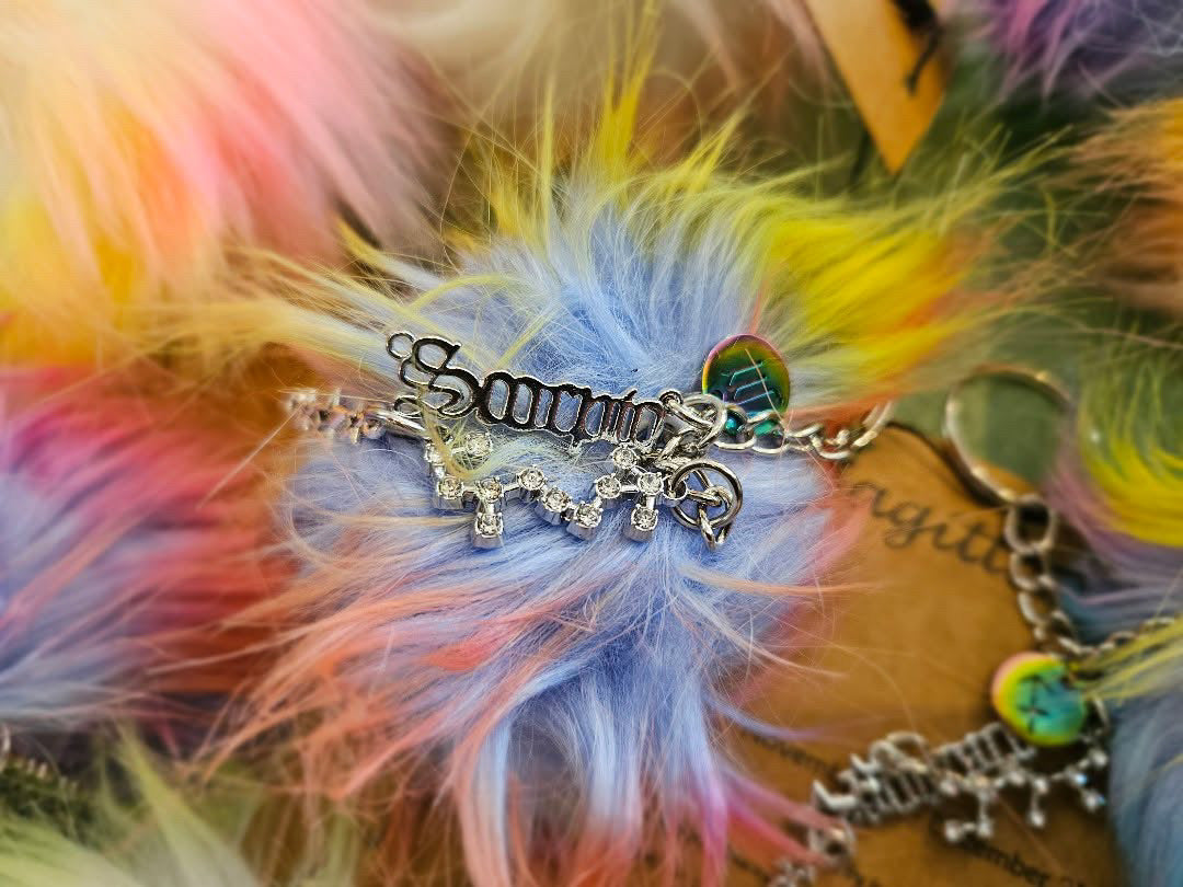 Celestial Zodiac Rainbow Pom Keychain – Silver Gothic Bag Charm