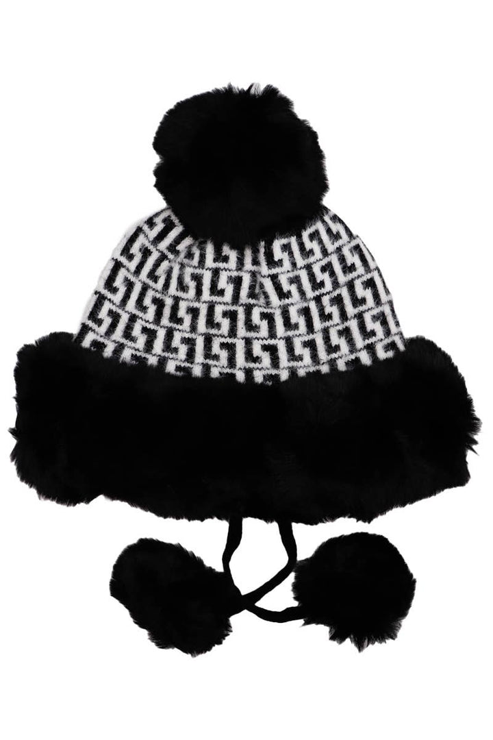 Greek Key Knitted Fluffy Faux Fur Pom Pom Beanie