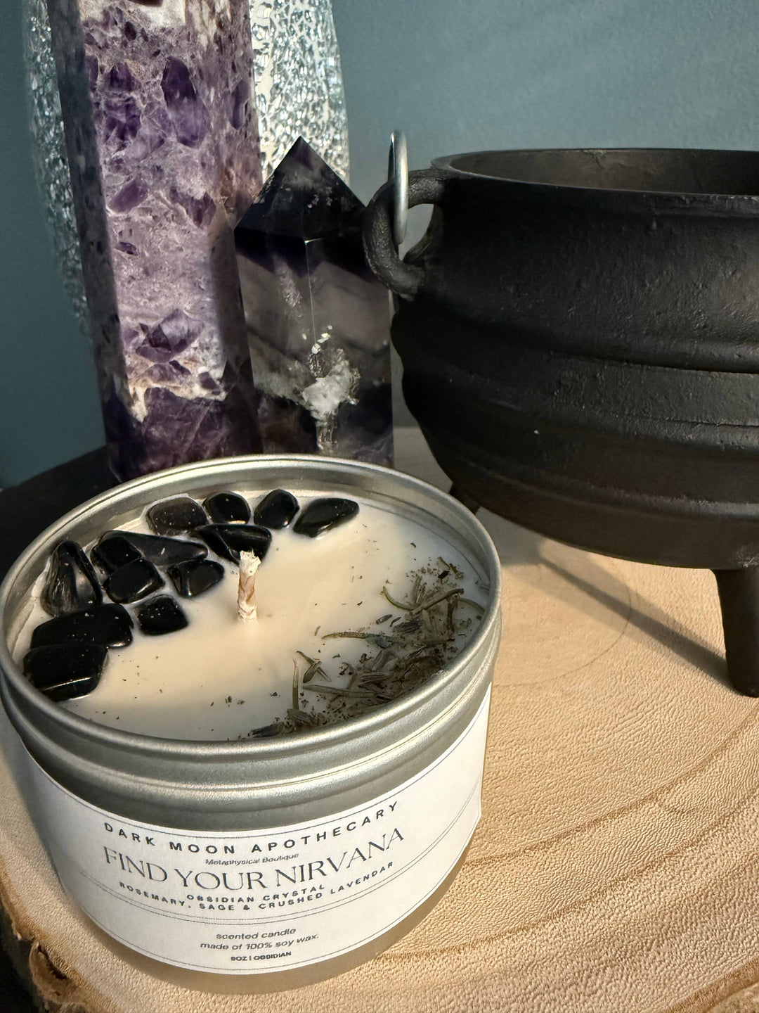 The Dark Moon Apothecary - Trust Yourself 8oz Soy candle with Obsidian Crystals and Rosemary, Sage, and Crushed Lavender