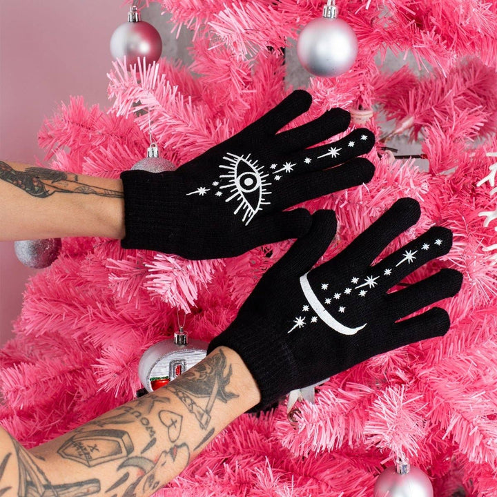 Too Fast - Occult Eye and Moon Winter Knit Gloves: Black/White