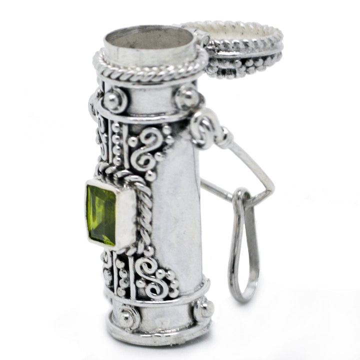 Silver Insanity - Poison Bottle - Tall Sterling Silver Pillbox Urn Pendant: Peridot