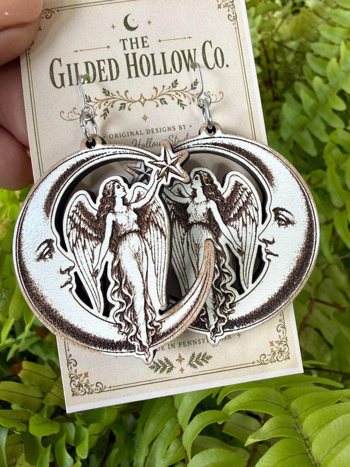 The Gilded Hollow Co. - Angel Earrings, Crescent Moon Earrings, Celestial Earrings, Victorian Angel Jewelry, Engraved Wood Earrings, Gothic Boho Statement Earrings