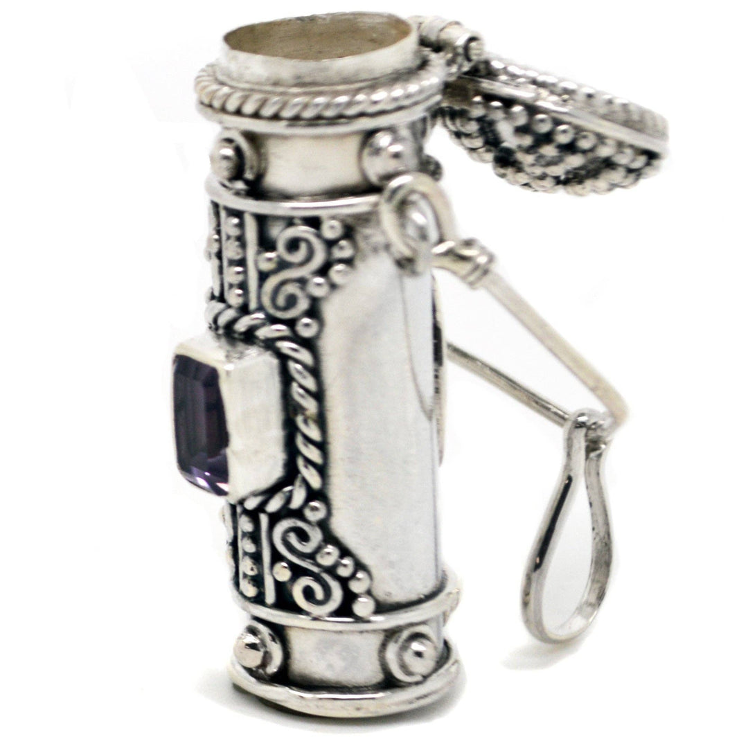 Silver Insanity - Poison Bottle - Tall Sterling Silver Pillbox Urn Pendant: Amethyst