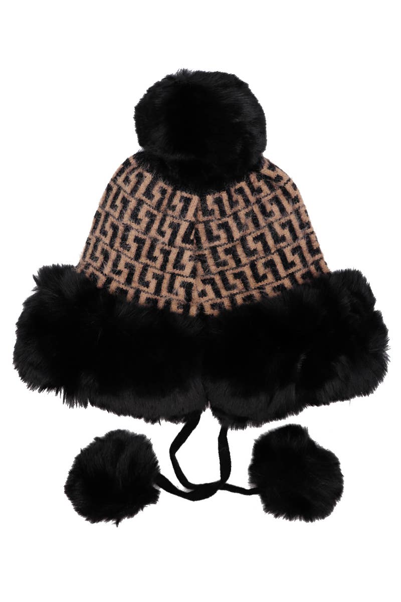 Greek Key Knitted Fluffy Faux Fur Pom Pom Beanie