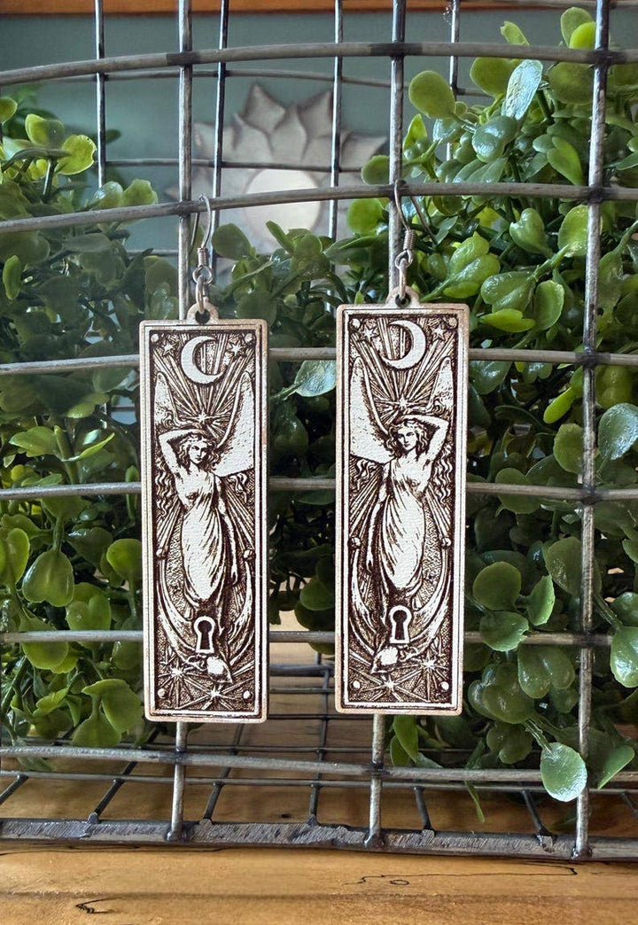 The Gilded Hollow Co. - Goddess Earrings, Celestial Keyhole Wood Dangles, Gilded Relic Series