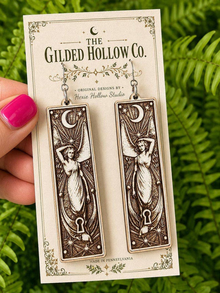 The Gilded Hollow Co. - Goddess Earrings, Celestial Keyhole Wood Dangles, Gilded Relic Series