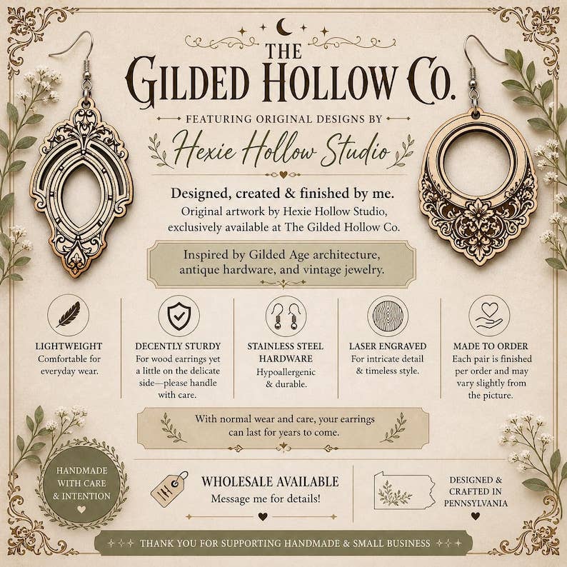 The Gilded Hollow Co. - Celestial Moon Earrings | Victorian Crescent Moon Earrings | Engraved Wood Jewelry | Art Nouveau Earrings | Witchy Celestial Jewelry