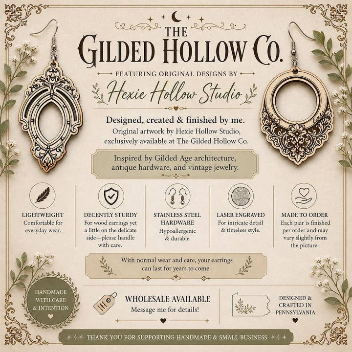 The Gilded Hollow Co. - Celestial Moon Earrings | Victorian Crescent Moon Earrings | Engraved Wood Jewelry | Art Nouveau Earrings | Witchy Celestial Jewelry