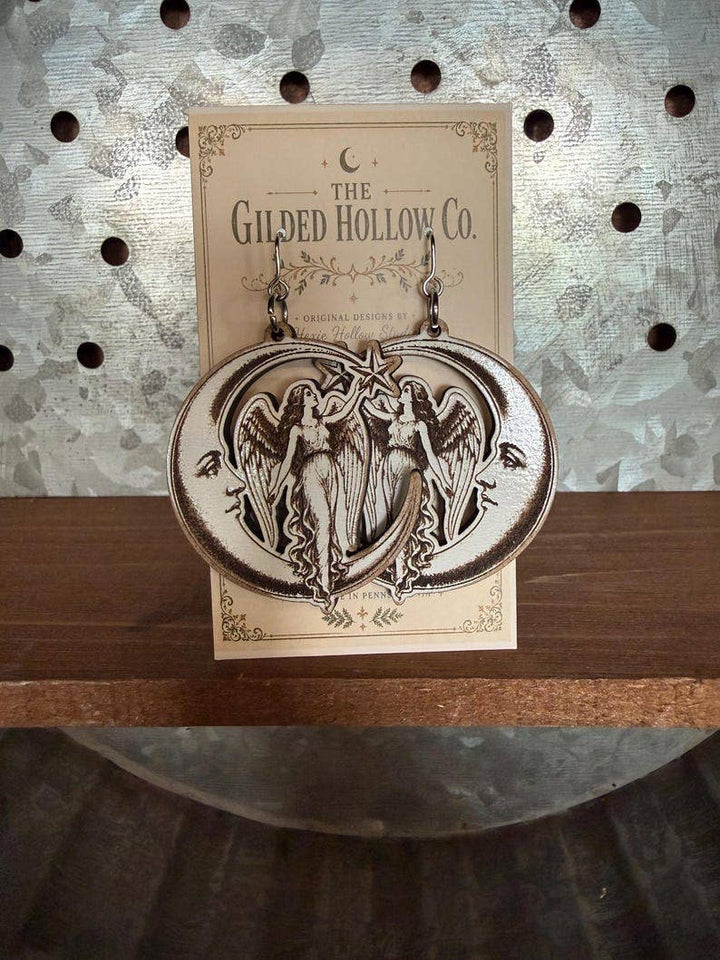 The Gilded Hollow Co. - Angel Earrings, Crescent Moon Earrings, Celestial Earrings, Victorian Angel Jewelry, Engraved Wood Earrings, Gothic Boho Statement Earrings