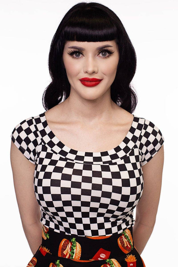 Checkered Boat Neck Top