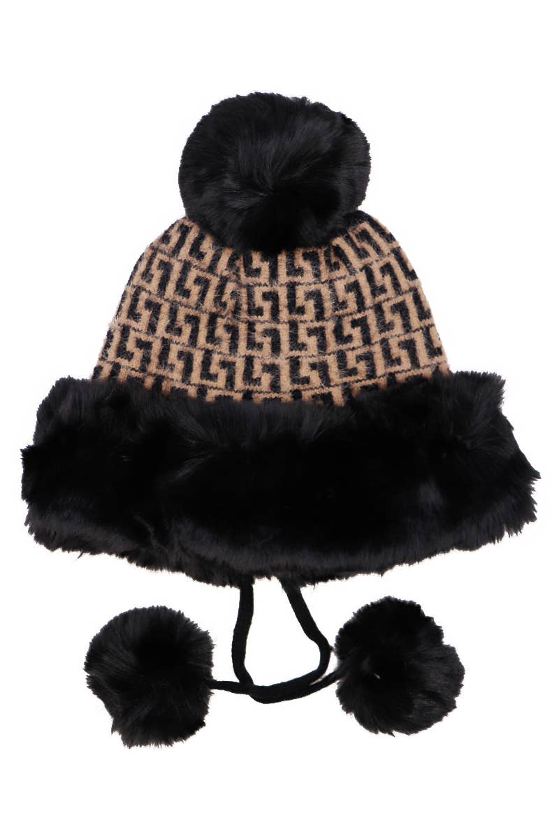 Greek Key Knitted Fluffy Faux Fur Pom Pom Beanie