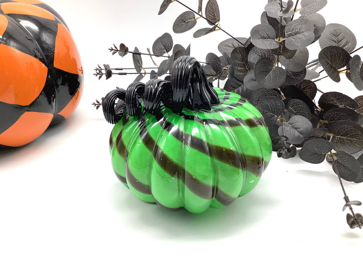 Gothic Green Black Swirl Pumpkin Hand Blown Glass