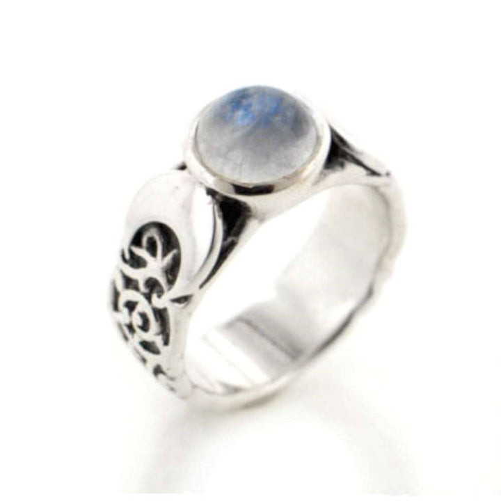 Silver Insanity - Sterling Silver Lunar Moon Phases and Rainbow Moonstone Ring