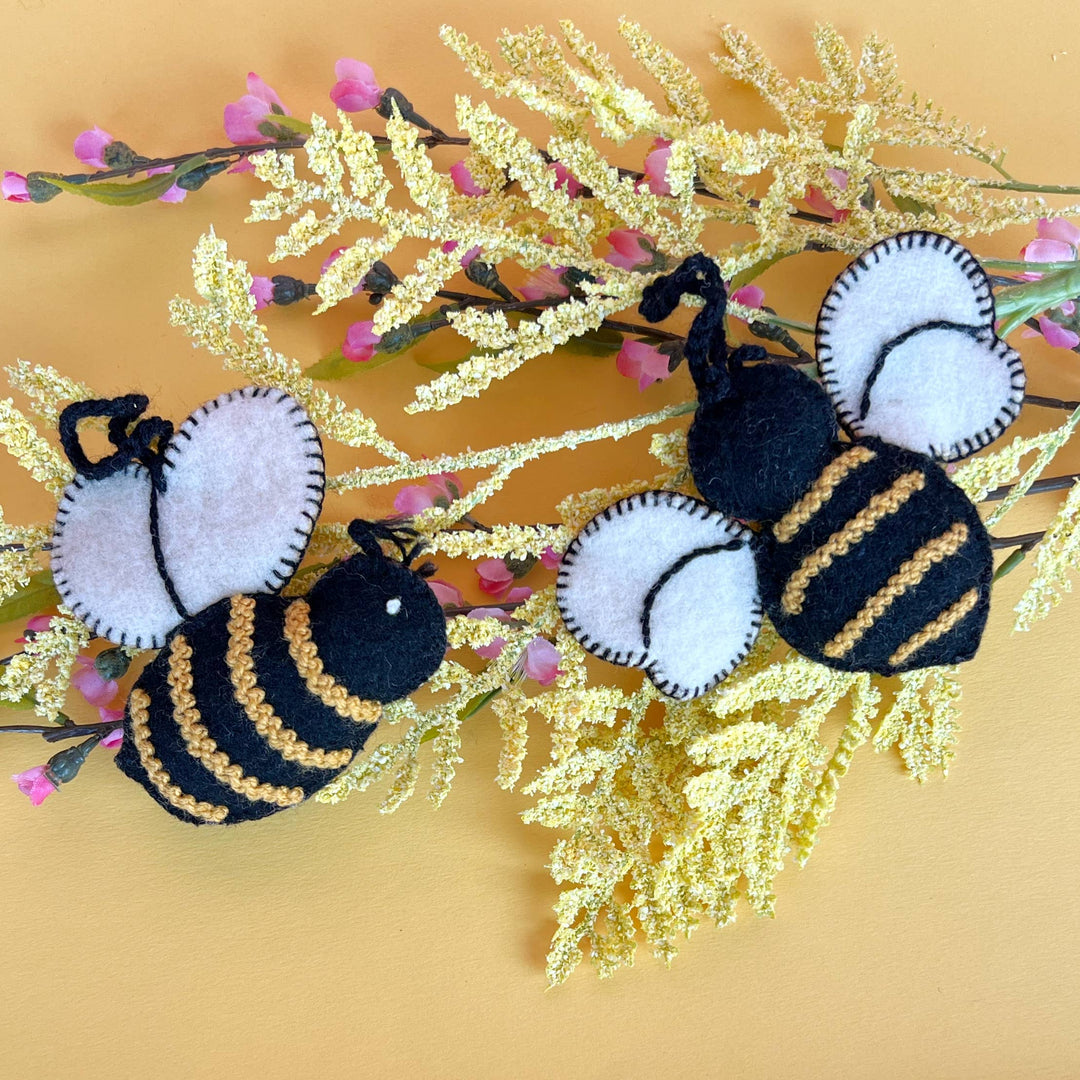 Ornaments 4 Orphans - Bee Embroidered Wool Christmas Ornament: Wings Out