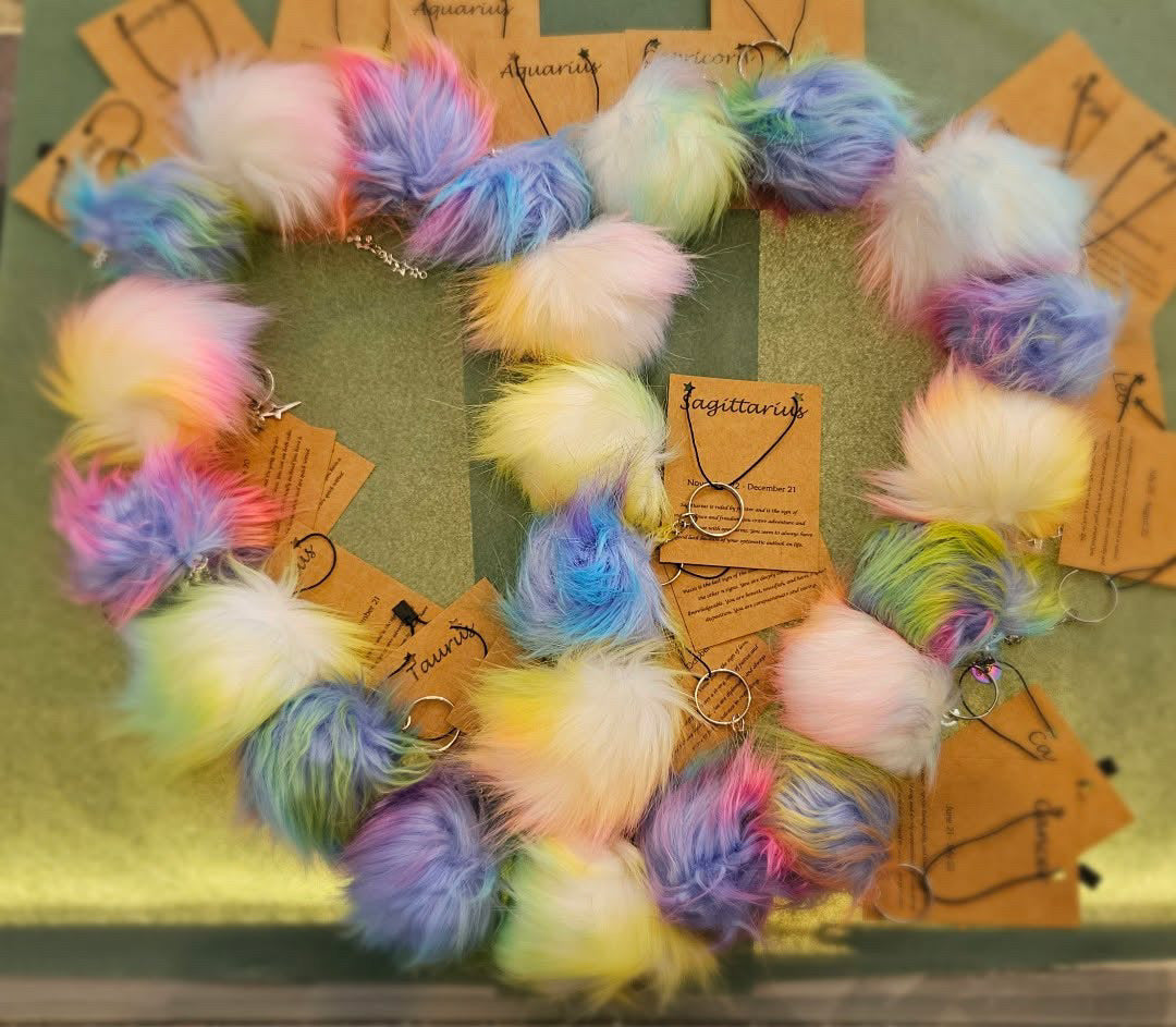 Celestial Zodiac Rainbow Pom Keychain – Silver Gothic Bag Charm