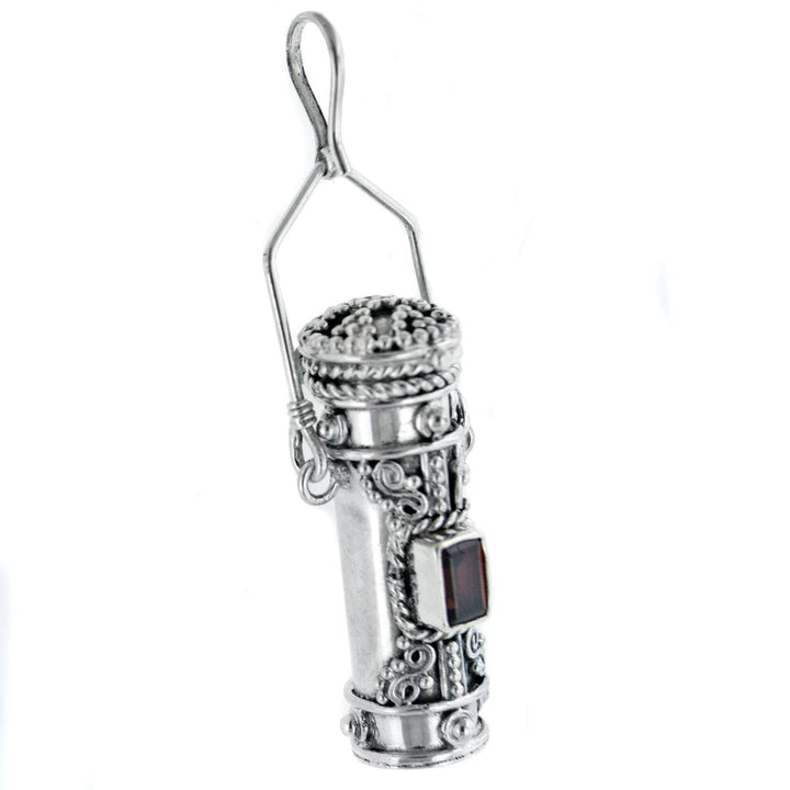 Silver Insanity - Poison Bottle - Tall Sterling Silver Pillbox Urn Pendant: Garnet