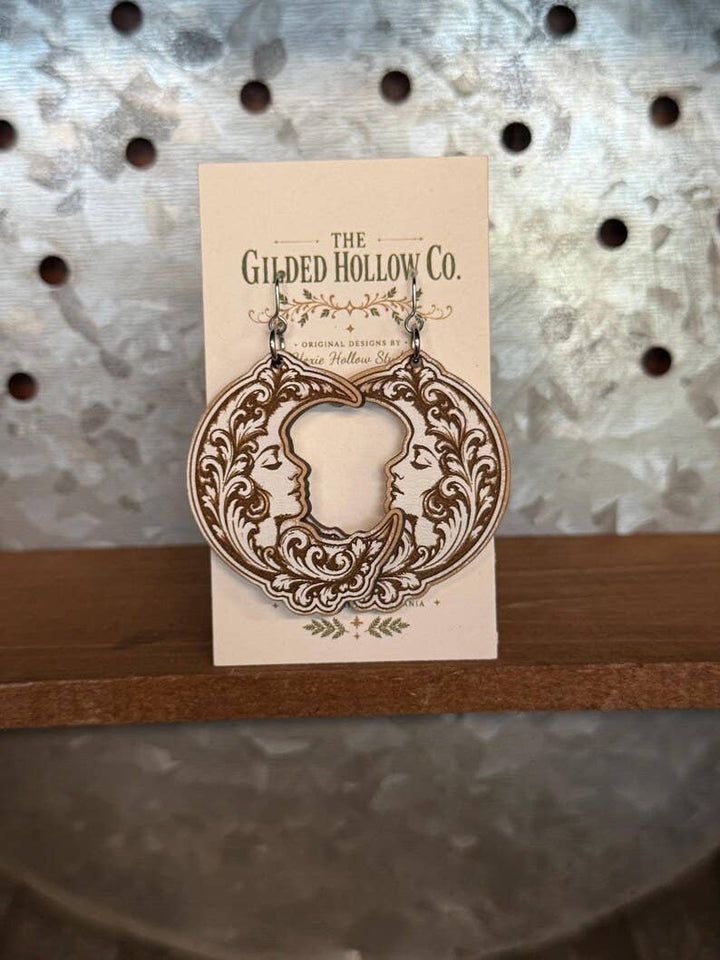 The Gilded Hollow Co. - Celestial Moon Earrings | Victorian Crescent Moon Earrings | Engraved Wood Jewelry | Art Nouveau Earrings | Witchy Celestial Jewelry