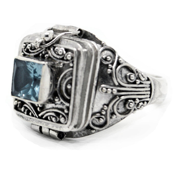 Silver Insanity - Sterling Silver Medieval Blue Topaz Poison Box Ring