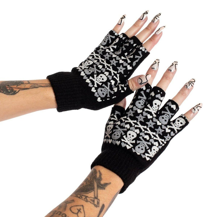 Too Fast - Christmas Skulls Fingerless Knit Gloves: Black/White / OS