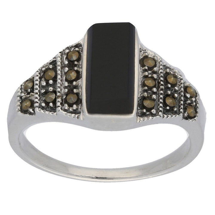 Silver Insanity - Marcasite and Black Onyx Sterling Silver Bar Ring