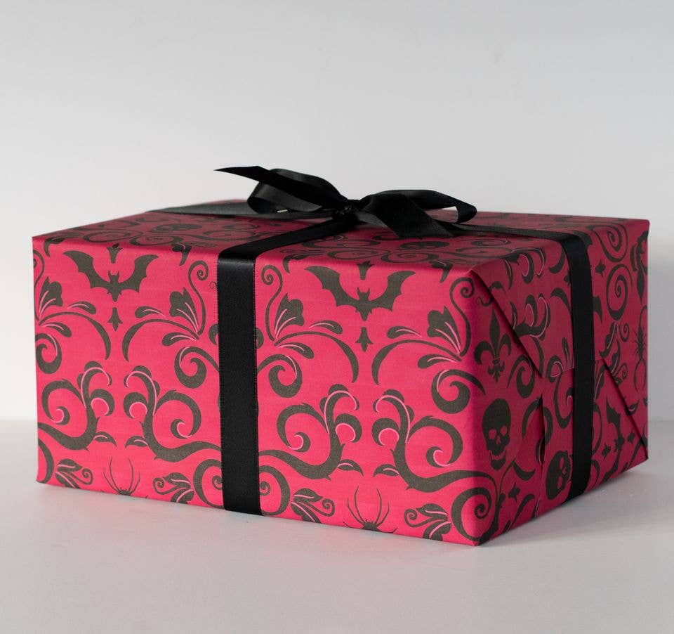 Spooky Cat Press - Skull Damask Gift Wrap - Red (8ft Roll)