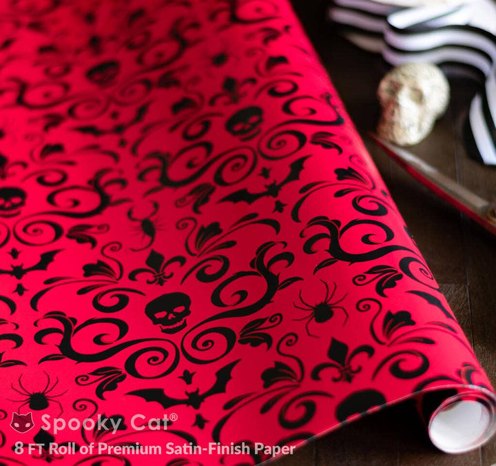 Spooky Cat Press - Skull Damask Gift Wrap - Red (8ft Roll)