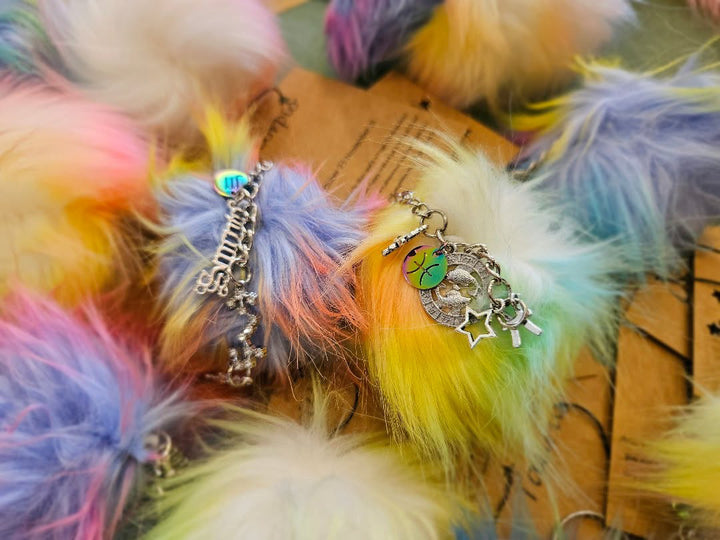 Celestial Zodiac Rainbow Pom Keychain – Silver Gothic Bag Charm
