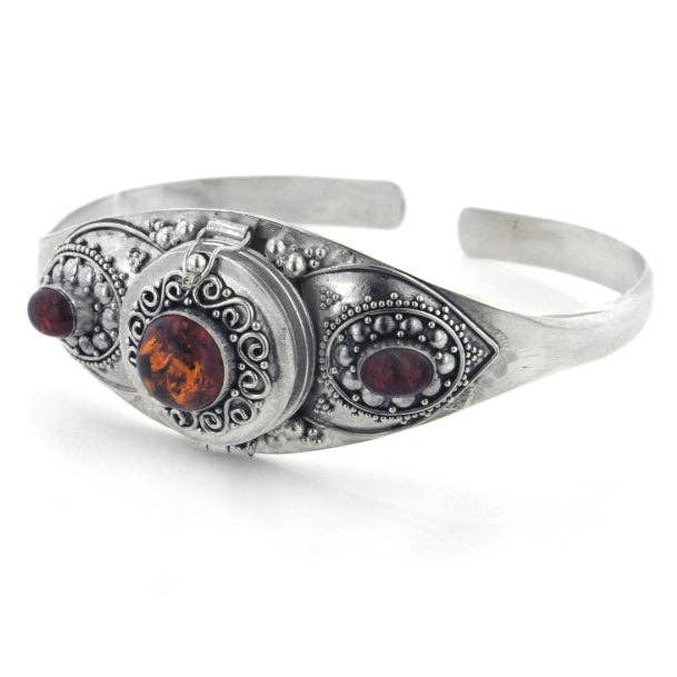 Silver Insanity - Gothic Silver Amber Poison Box Locket Cuff Bracelet