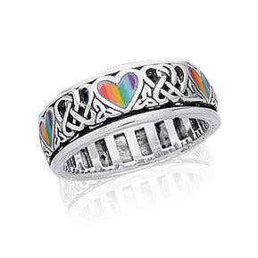 Silver Insanity - Sterling Silver Celtic Knot and Rainbow Peace Heart Spinning Ring