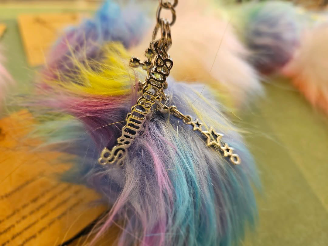 Celestial Zodiac Rainbow Pom Keychain – Silver Gothic Bag Charm