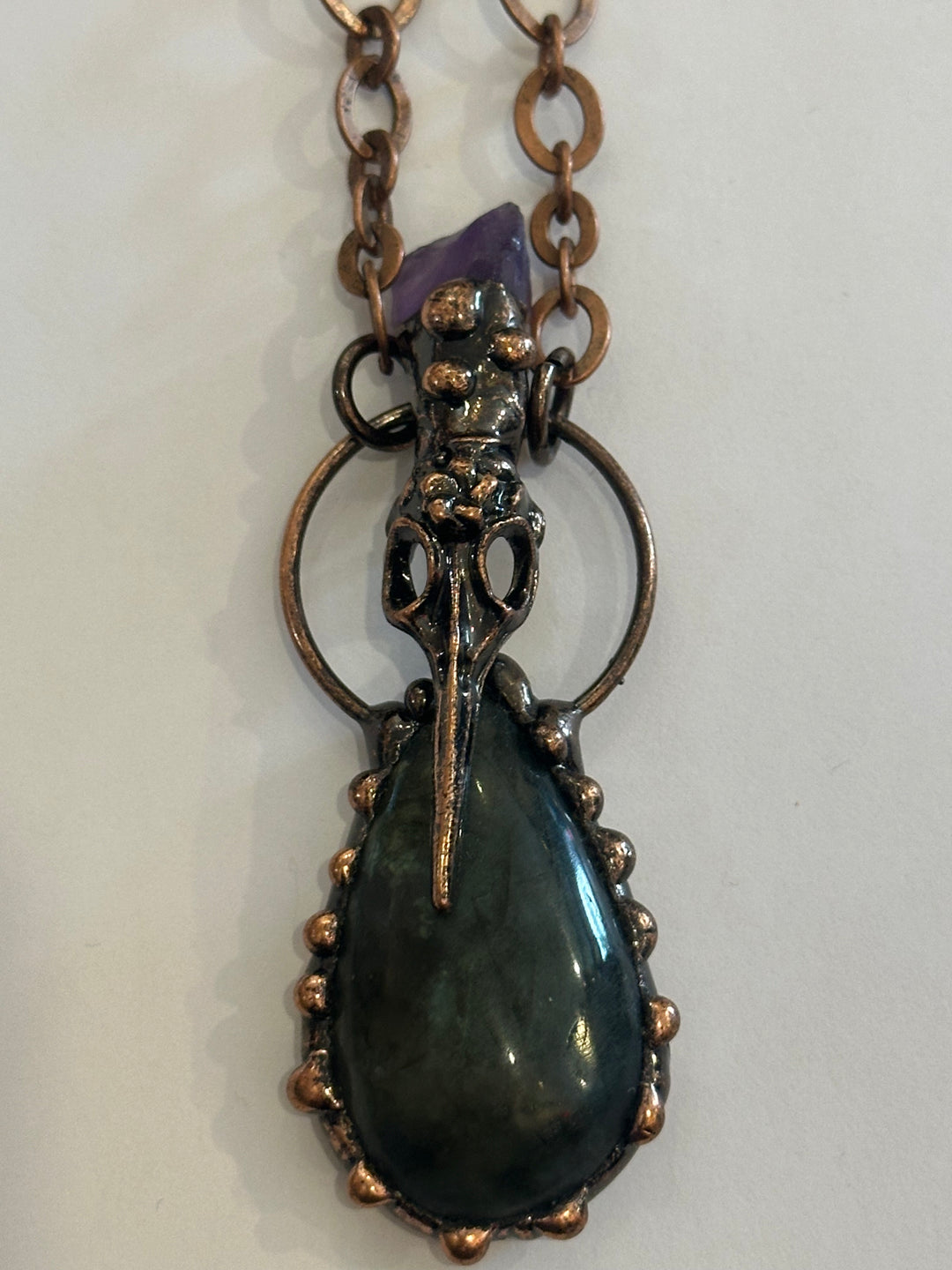 Labradorite and Amethyst with Bird Skull Necklace