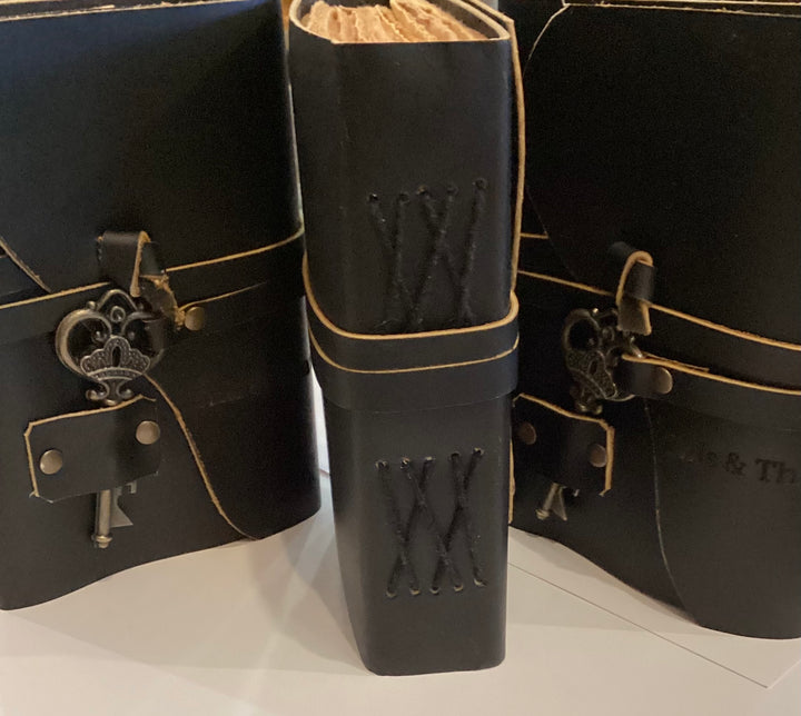 Small Black Leather Journal with Worn, Weathered Pages and Decorative Key