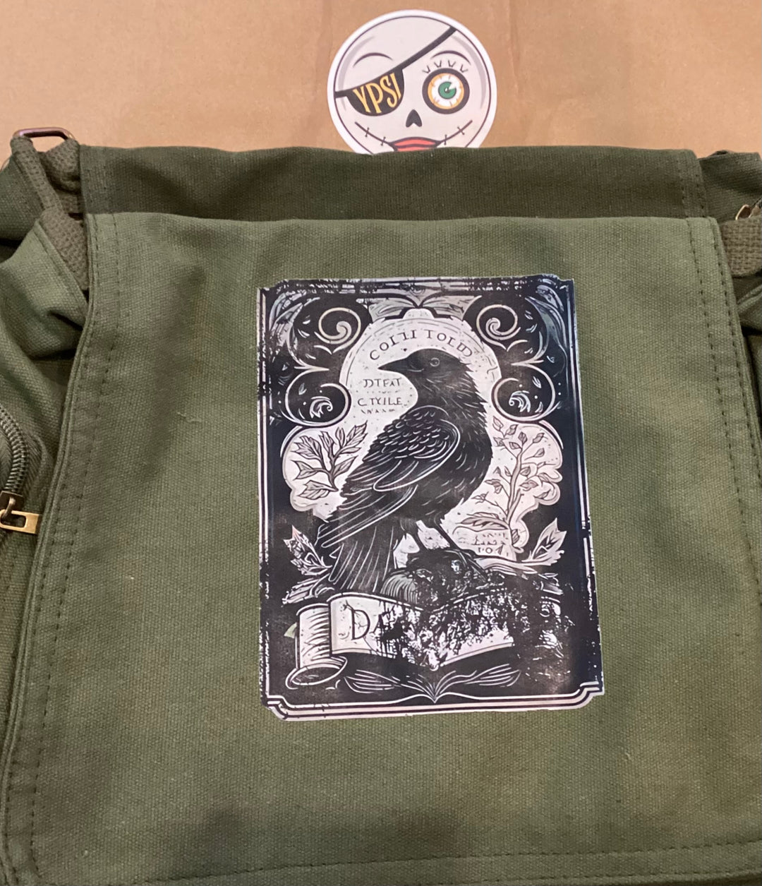 Green Canvas Cross Body with Crow Print