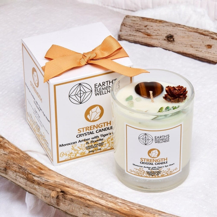 Strength Crystal Candle- Moroccan Amber with Tiger’s Eye Heart and Fluorite