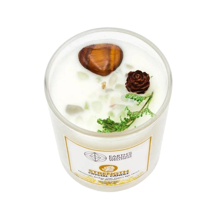 Strength Crystal Candle- Moroccan Amber with Tiger’s Eye Heart and Fluorite