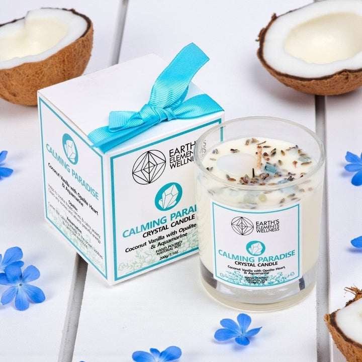 Calming Paradise Crystal Candle- Coconut Vanilla with Opalite Heart and Aquamarine