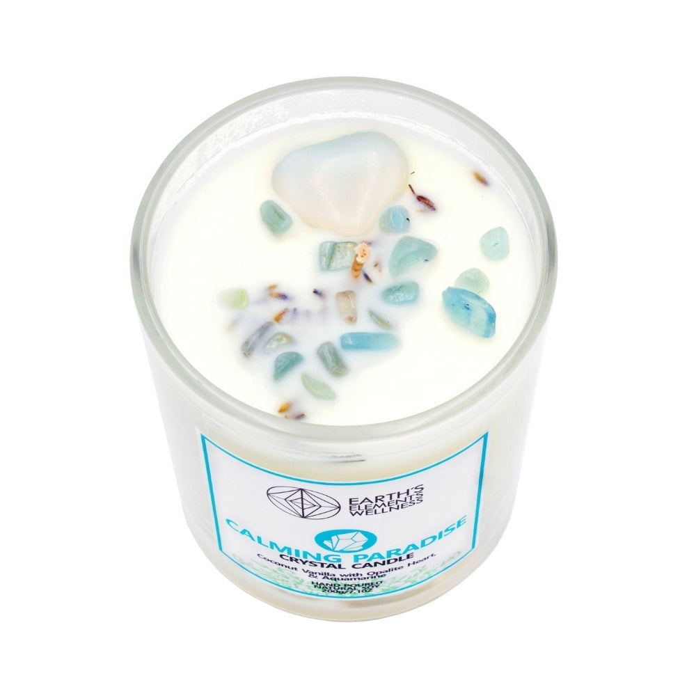 Calming Paradise Crystal Candle- Coconut Vanilla with Opalite Heart and Aquamarine