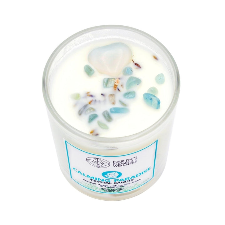 Calming Paradise Crystal Candle- Coconut Vanilla with Opalite Heart and Aquamarine